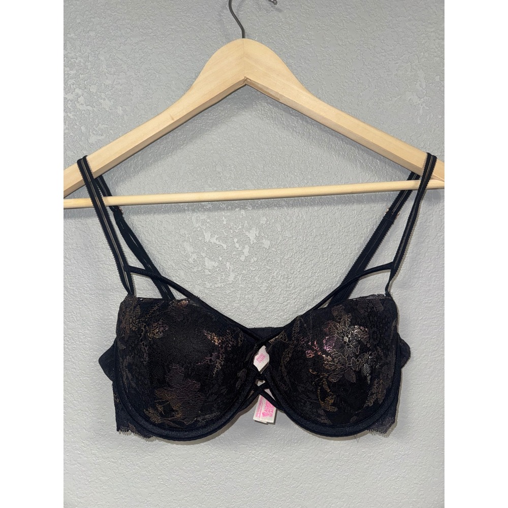 PINK Victoria Secret Black Lace‎ Strappy Date Push Up Bra 34C